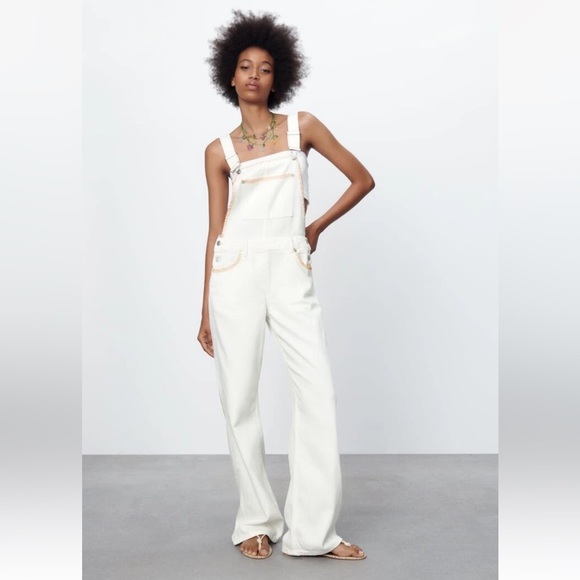Zara Denim - Zara Women's Overalls  Summer Travel  Denim Dungarees Ecru With Topstitching